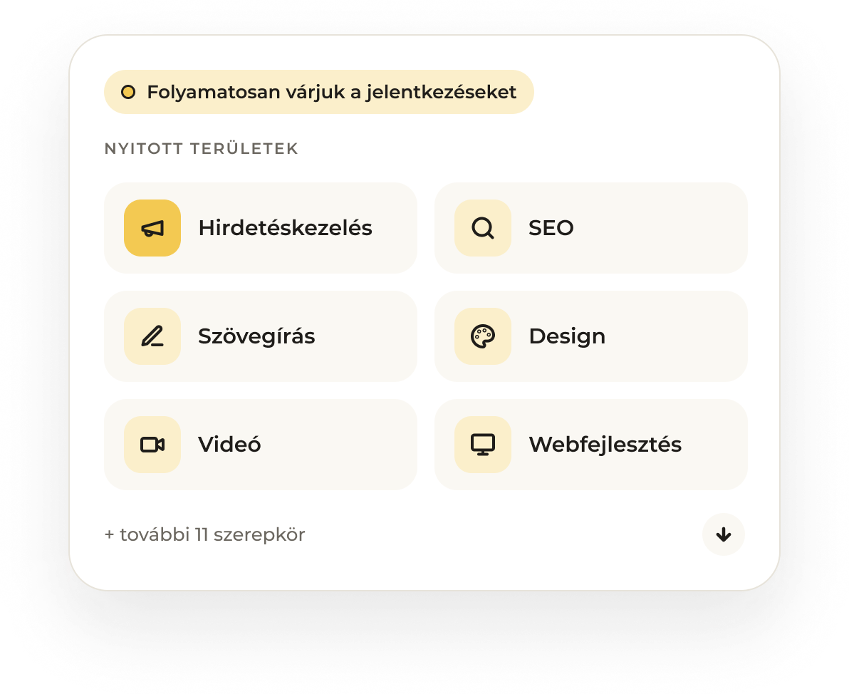 Nyitott területek: hirdetéskezelés, SEO, szövegírás, design, videó, webfejlesztés – folyamatosan várjuk a jelentkezéseket
