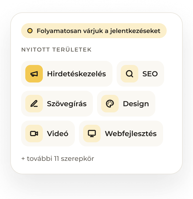 Nyitott területek: hirdetéskezelés, SEO, szövegírás, design, videó, webfejlesztés – folyamatosan várjuk a jelentkezéseket