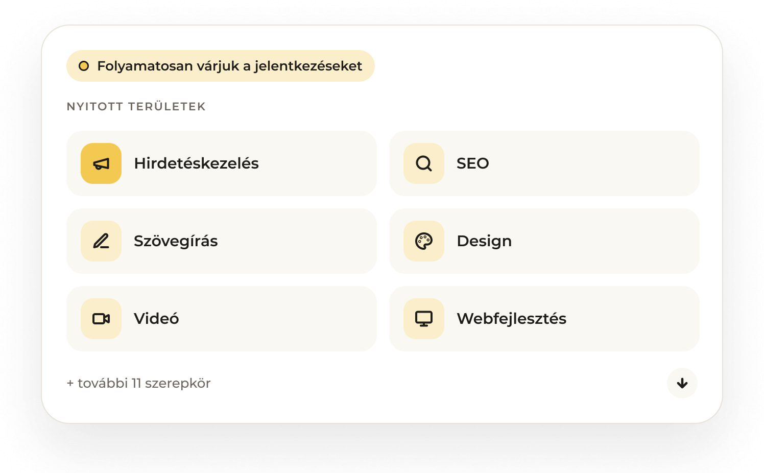 Nyitott területek: hirdetéskezelés, SEO, szövegírás, design, videó, webfejlesztés – folyamatosan várjuk a jelentkezéseket