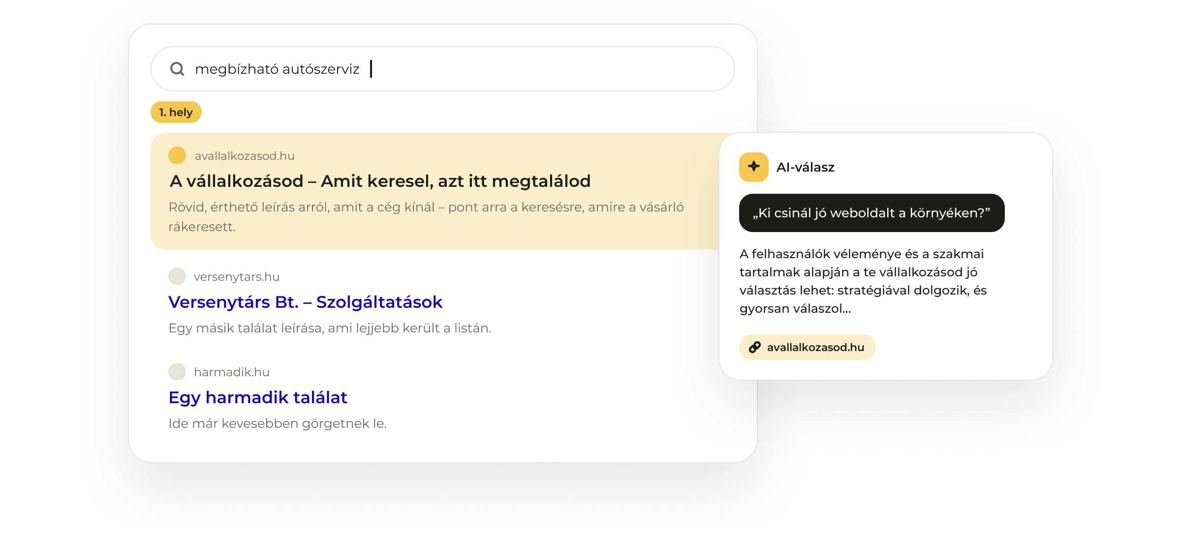 Google-találati lista, az első helyen A vállalkozásod, mellette AI-válasz, amely a te vállalkozásodat ajánlja