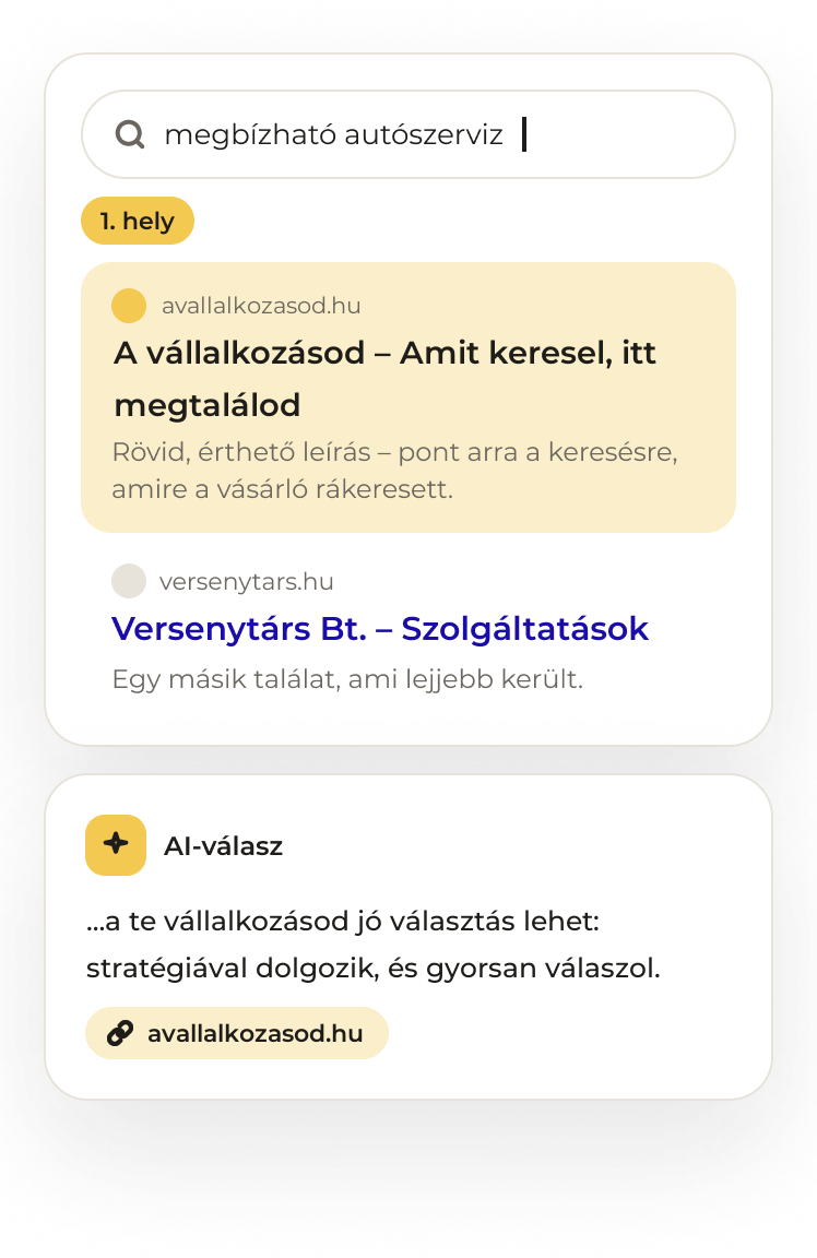 Google-találati lista, az első helyen A vállalkozásod, mellette AI-válasz, amely a te vállalkozásodat ajánlja