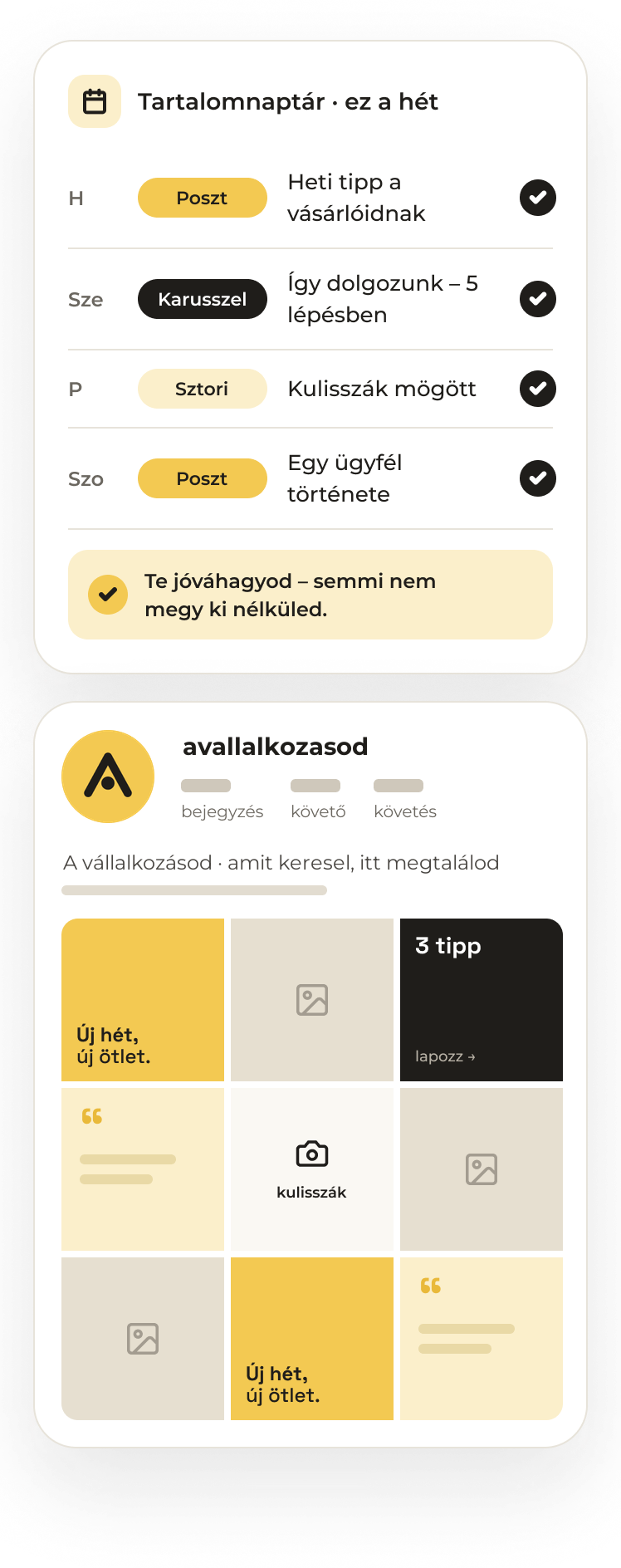 Tartalomnaptár és Instagram-profil illusztráció: A vállalkozásod heti posztjai, karusszelei és sztorijai