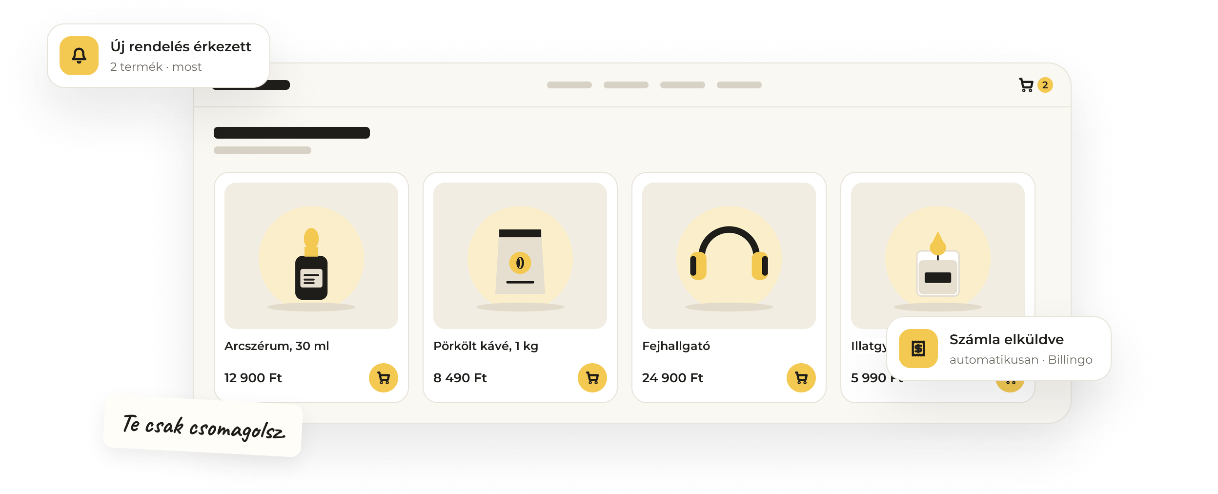 Webshop-illusztráció: termékkártyák (arcszérum, kávé, fejhallgató, illatgyertya), új rendelés és automatikus számla értesítéssel