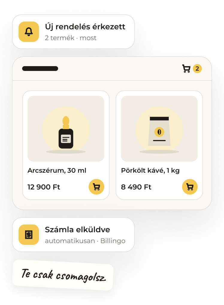 Webshop-illusztráció: termékkártyák (arcszérum, kávé, fejhallgató, illatgyertya), új rendelés és automatikus számla értesítéssel
