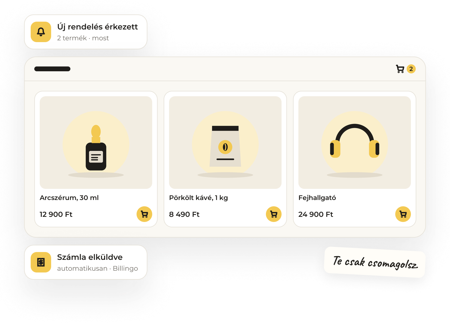 Webshop-illusztráció: termékkártyák (arcszérum, kávé, fejhallgató, illatgyertya), új rendelés és automatikus számla értesítéssel